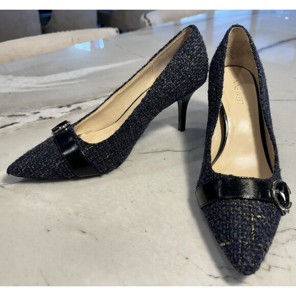 Nine West Kellendrao Navy Textile Tweed Like Pump Black Silver Buckle SZ 8 - Picture 2 of 6